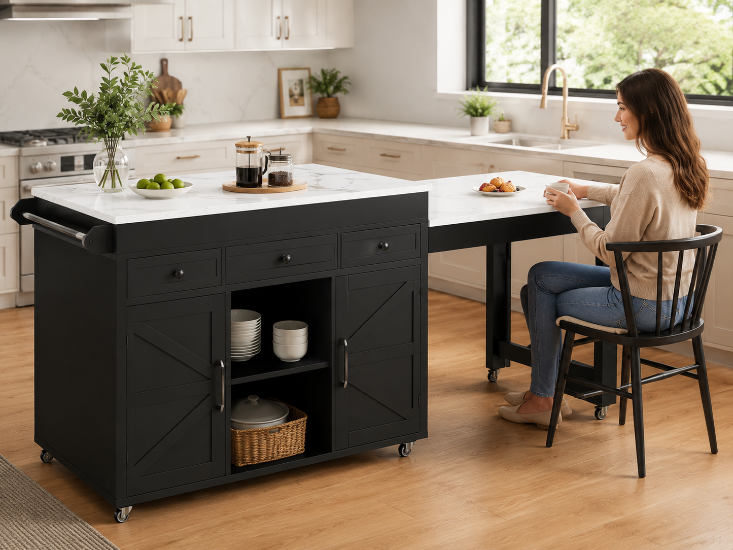 74.8 Kitchen Island With Extendable Dining Table Marble Veneer Top & Built-in Power Outlet - Mobile Storage Cart With 3 Drawers & Cabinet Rolling Kitchen Cart For Dining Room Black