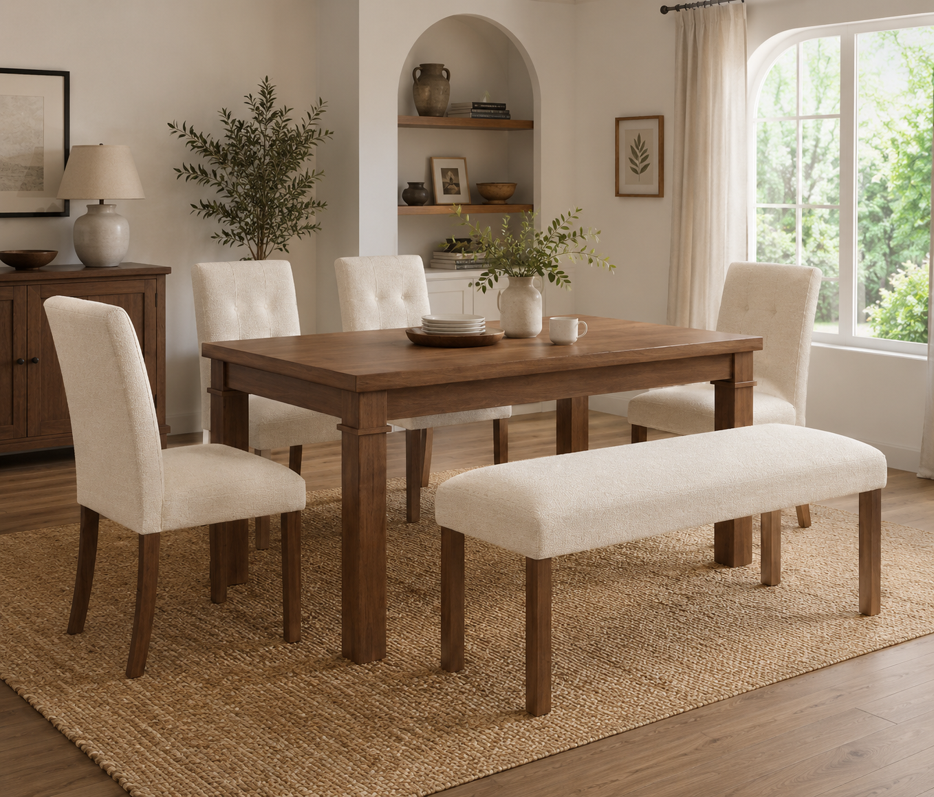 6-Piece Modern Dining Set – Rectangular Table, 4 Upholstered Chairs & Bench (Walnut)