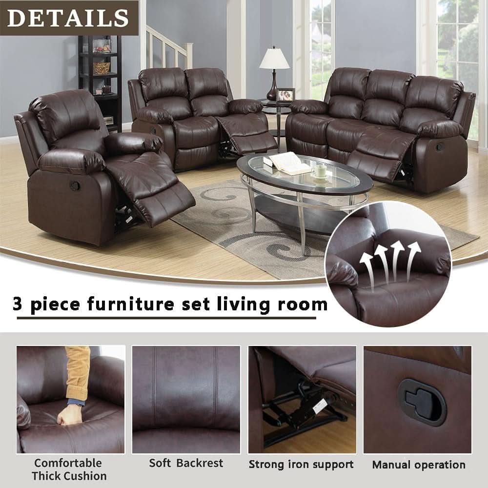 3-Piece Brown Bonded Leather Reclining Set