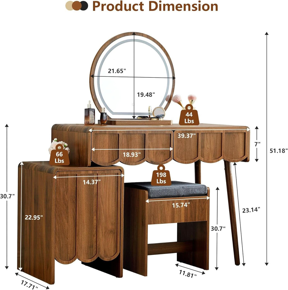 Walnut Wave Vanity Set with LED Mirror, Drawers & Cushioned Bench