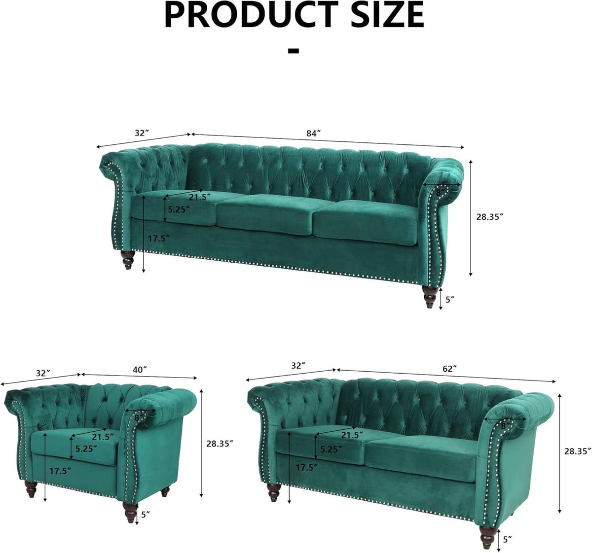 Teal Velvet Chesterfield 3-Piece Living Room Set – Sofa, Loveseat & Club Chair