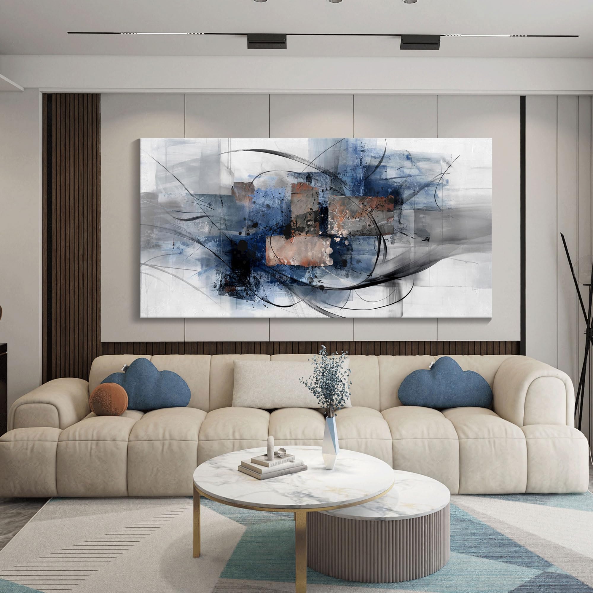 Mofutinpo Canvas Wall Art for Living Room Bedroom Office - Large Wall Art Decor - Abstract Wall Art - Modern Black and White PaintingsBlue and Grey Wall Decor Artwork and Pictures for Wall 24×48