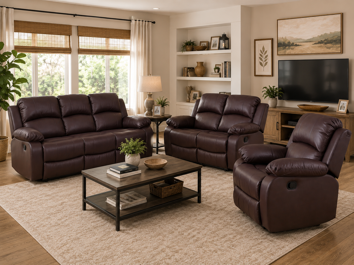 3-Piece Brown Bonded Leather Reclining Set