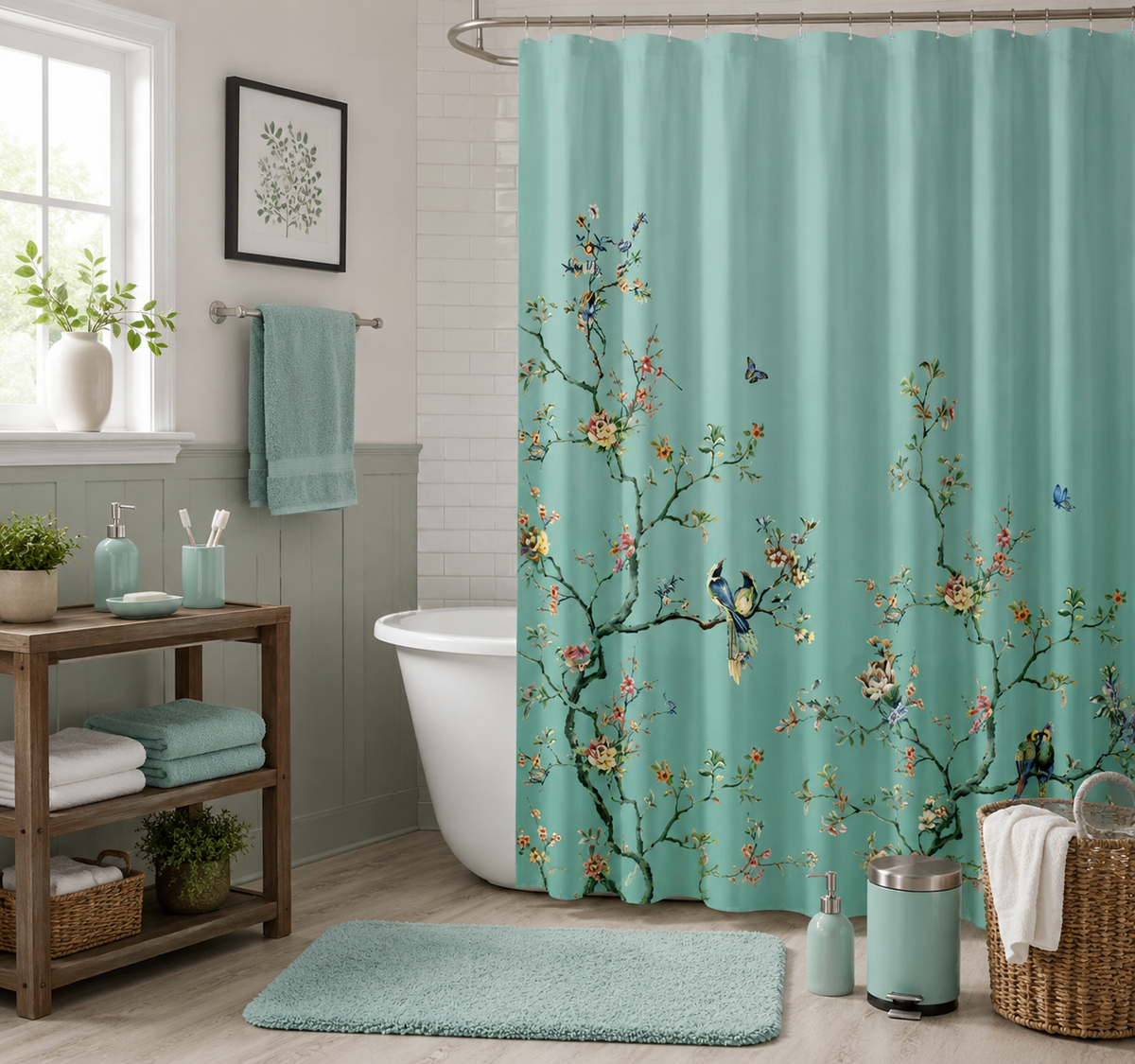 Teal Botanical Bird & Butterfly Shower Curtain – 72"W × 72"H