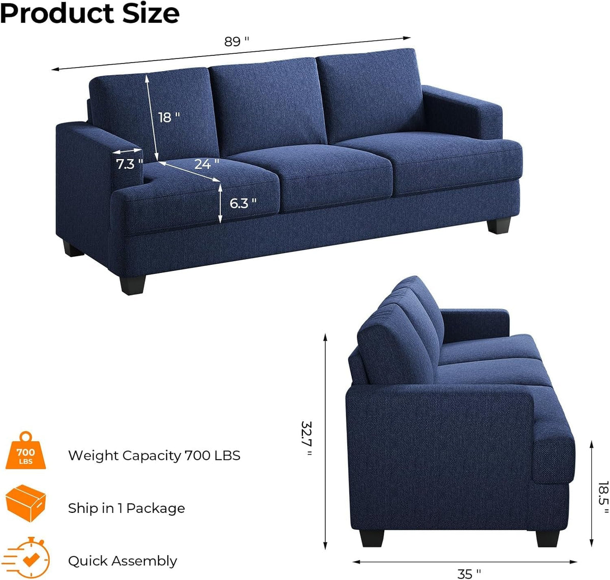 Navy Blue 3-Seater Sofa with Deep Seats