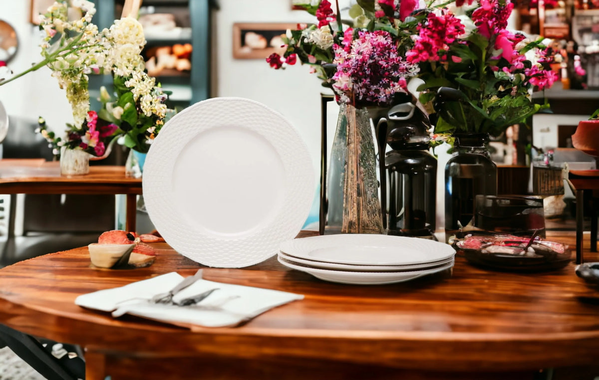 White 4-Piece Weave Stoneware Dinner Plate Set – Service for 4