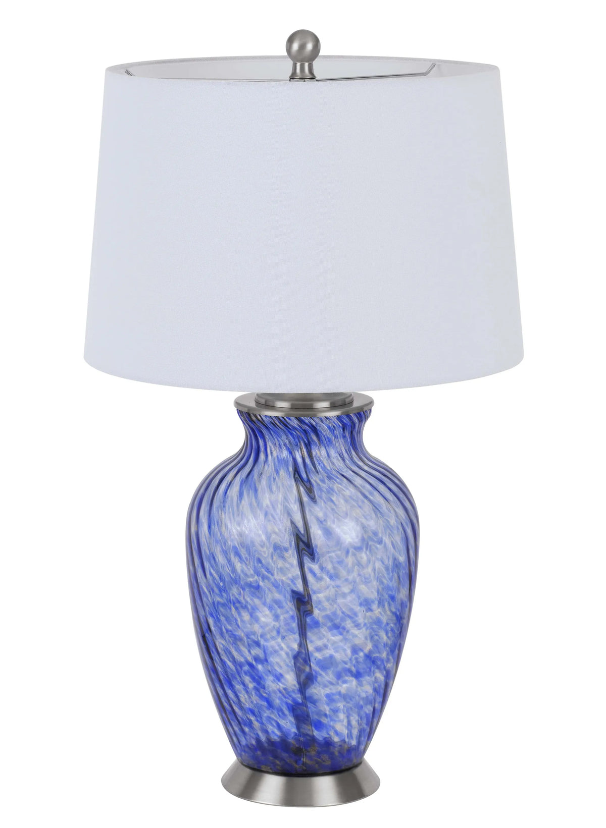 Blue Swirl Glass Table Lamp with White Empire Shade – 28"