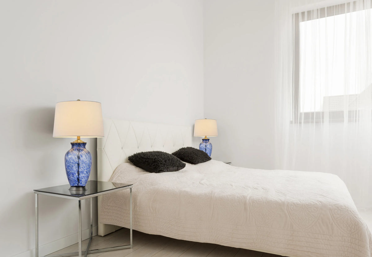 Blue Swirl Glass Table Lamp with White Empire Shade – 28"