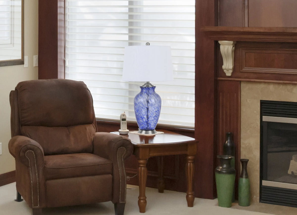 Blue Swirl Glass Table Lamp with White Empire Shade – 28"