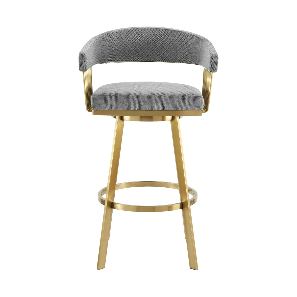 26" Gray and Gold Fabric and Stainless Steel Low Back Counter Height Swivel Bar Chair