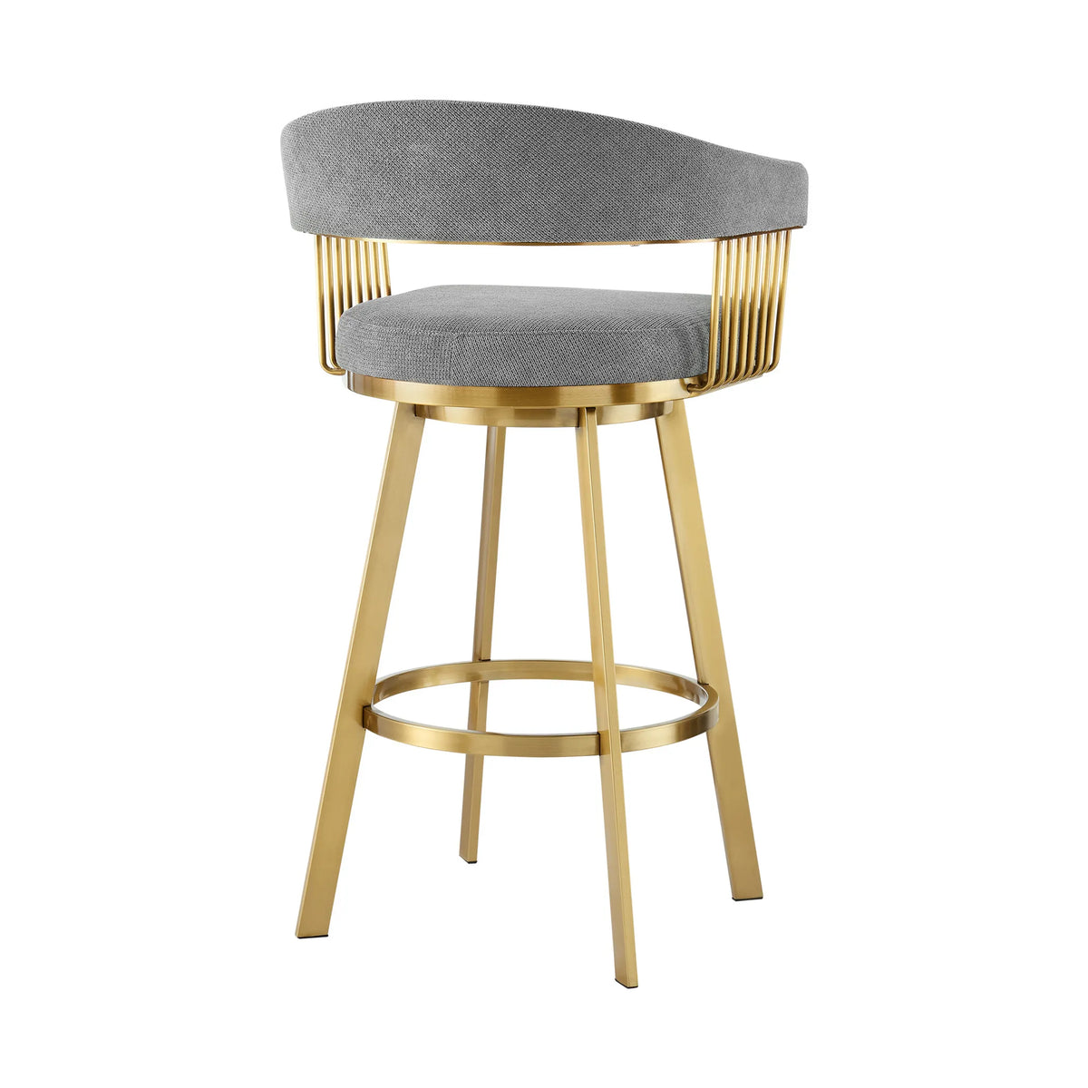 26" Gray and Gold Fabric and Stainless Steel Low Back Counter Height Swivel Bar Chair