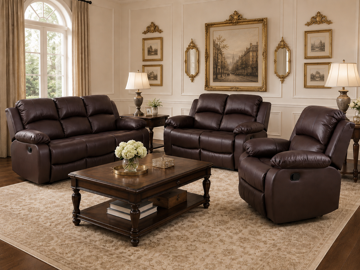 3-Piece Brown Bonded Leather Reclining Set