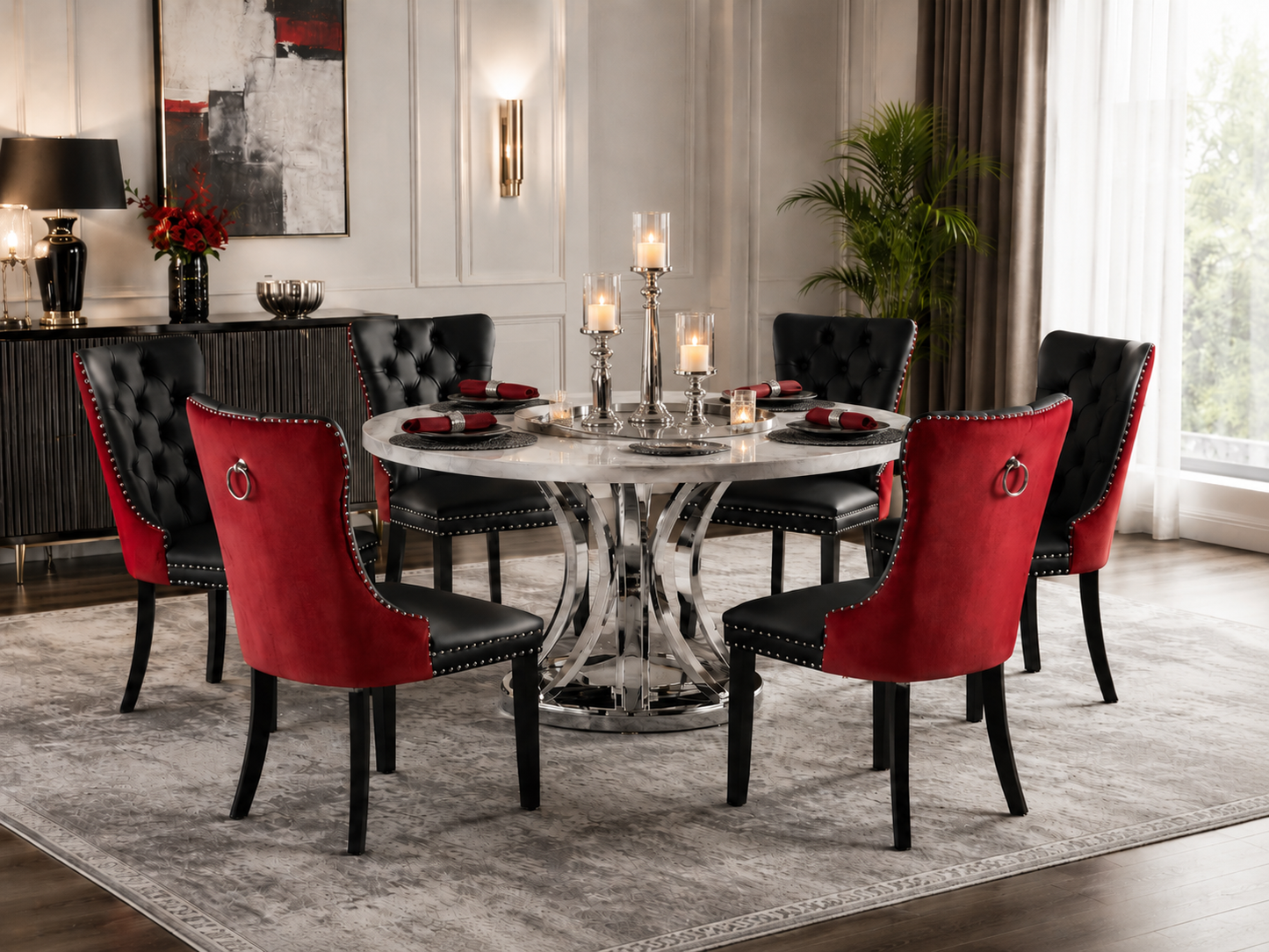 Set of 2 Modern Tufted PU & Velvet Dining Chairs with Solid Wood Legs
