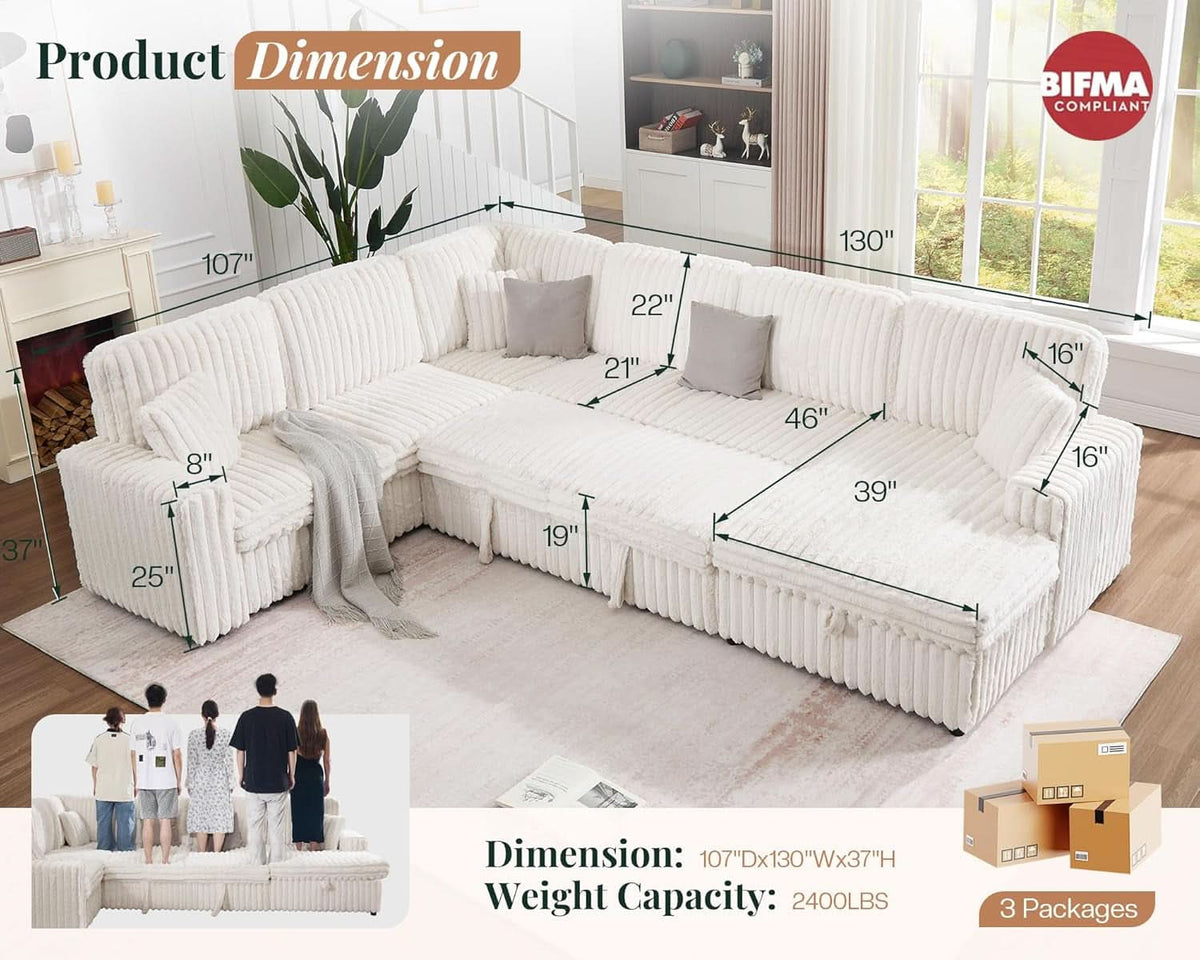 130" Sleeper Sofa with White Faux Fur