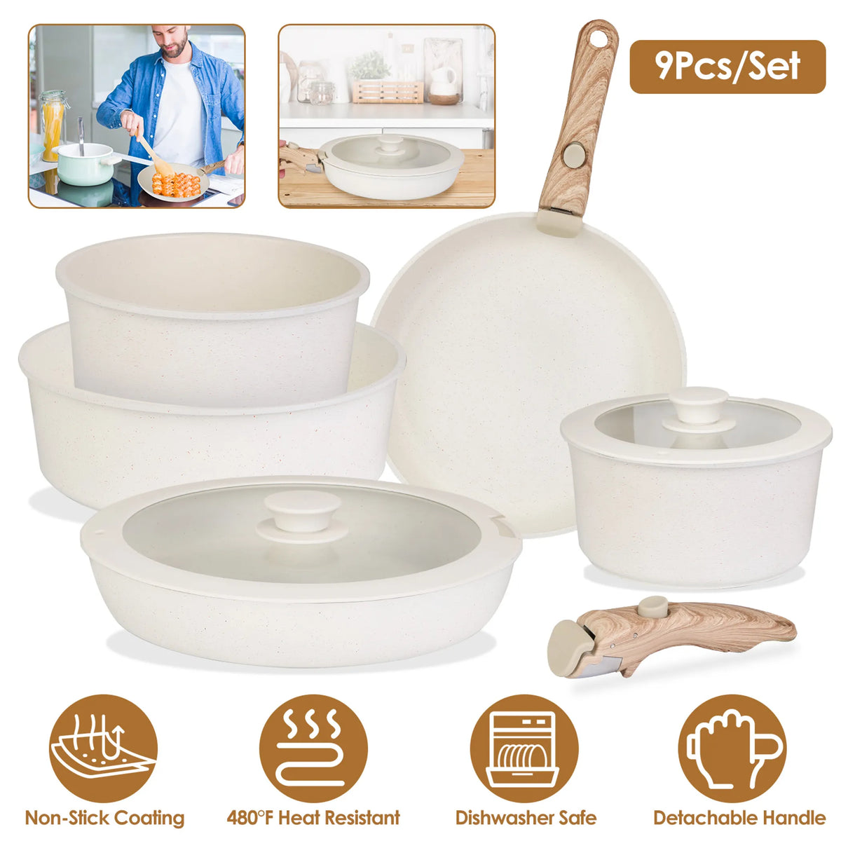 9-Piece Nonstick Cookware Set with Removable Handles