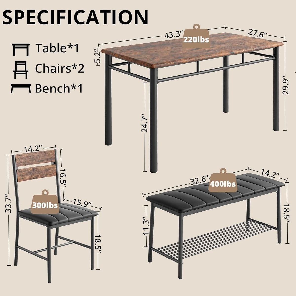 Industrial Dining Room Table Set For Four Rustic Brown