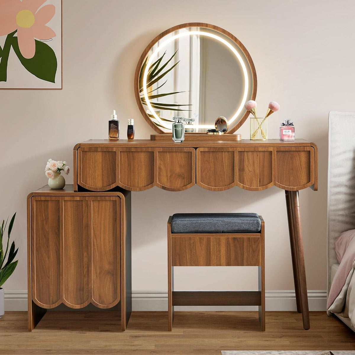 Walnut Wave Vanity Set with LED Mirror, Drawers & Cushioned Bench