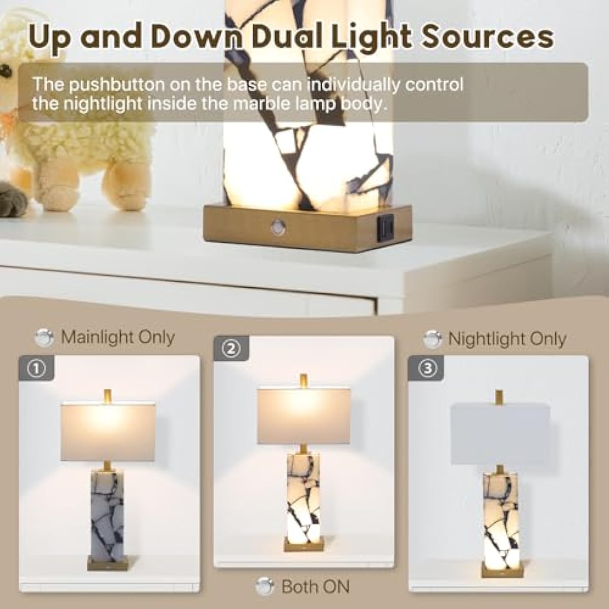 Set of 2 Natural Marble Table Lamps with USB Charging