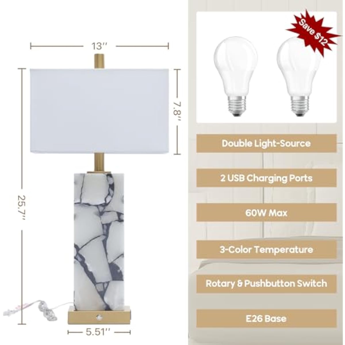 Set of 2 Natural Marble Table Lamps with USB Charging