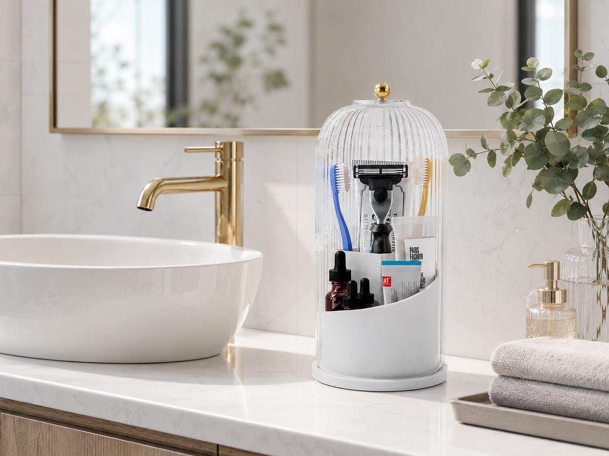 360° Rotating Toothbrush & Makeup Brush Holder with Sliding Cover – White