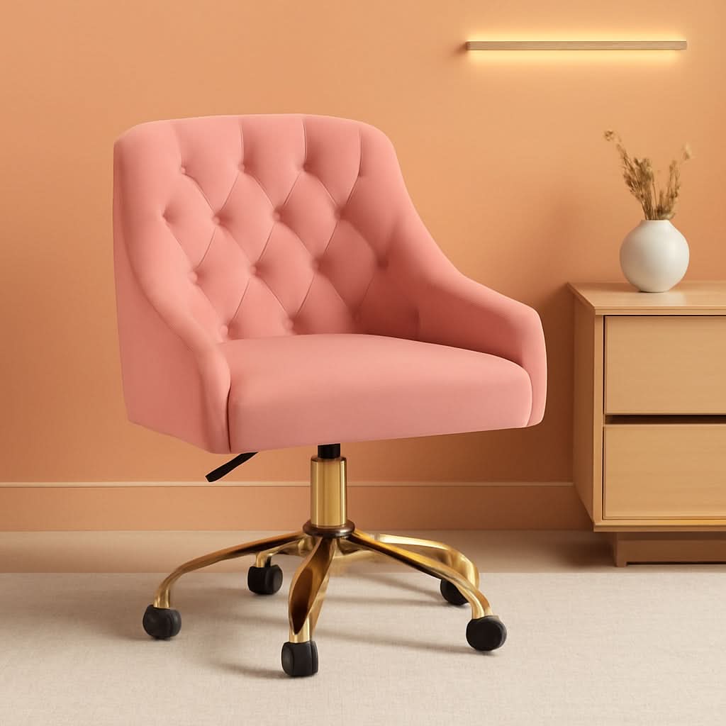 Pink Velvet Swivel Office Chair with Gold Base