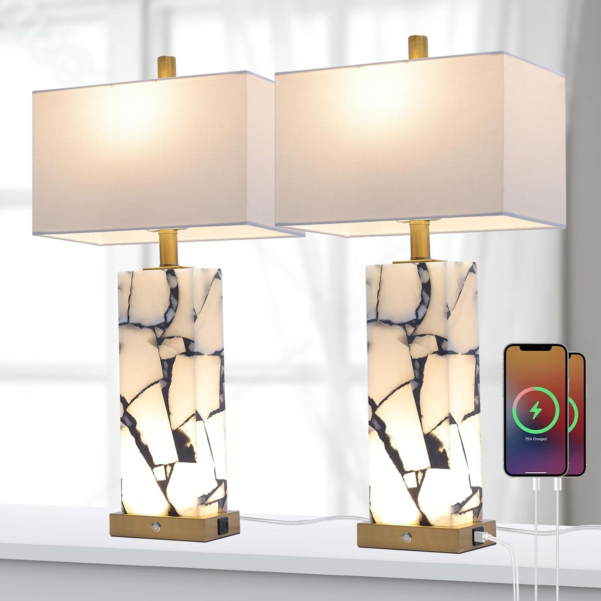 Set of 2 Natural Marble Table Lamps with USB Charging
