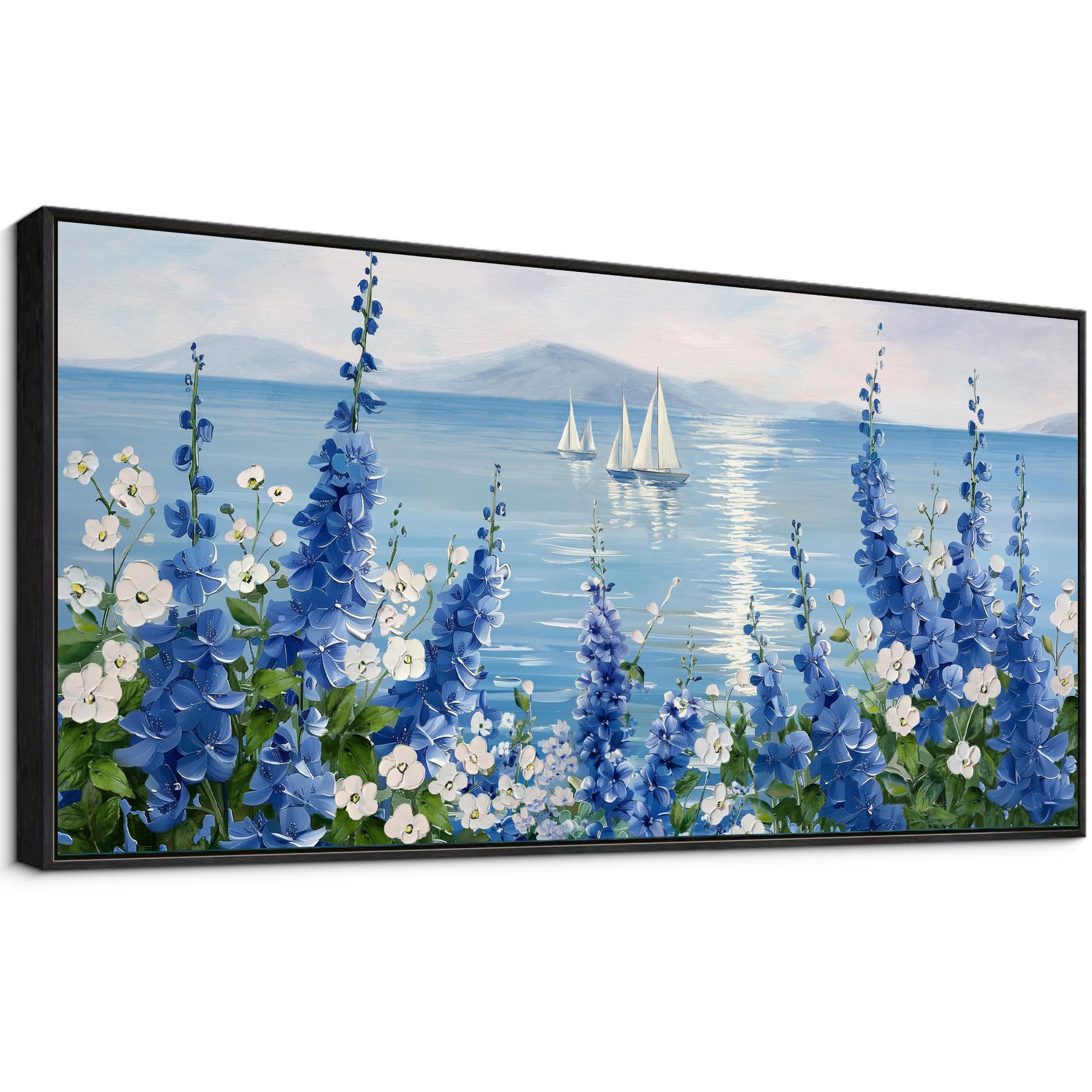 XLSJERST Large Sailboat Wall Art - Blue Canvas Abstract Painting Textured Picture Artwork Vintage Nautical Flower Painting Coastal Modern Print 29"x58" Frame for Living Room Bedroom Home Decoration