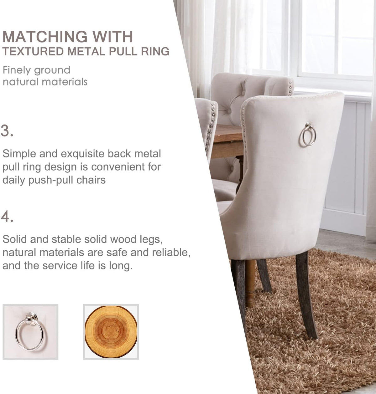 Velvet Dining Chairs Set of 6, Tufted Dining Room Chairs with Button Back, Nailhead Trim, Upholstered Dining Chairs for Kitchen, Bedroom, Restaurant (Beige)-2