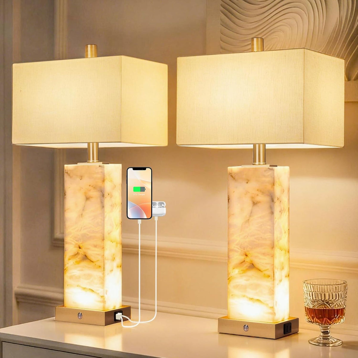 Set of 2 Natural Marble Table Lamps with USB Charging