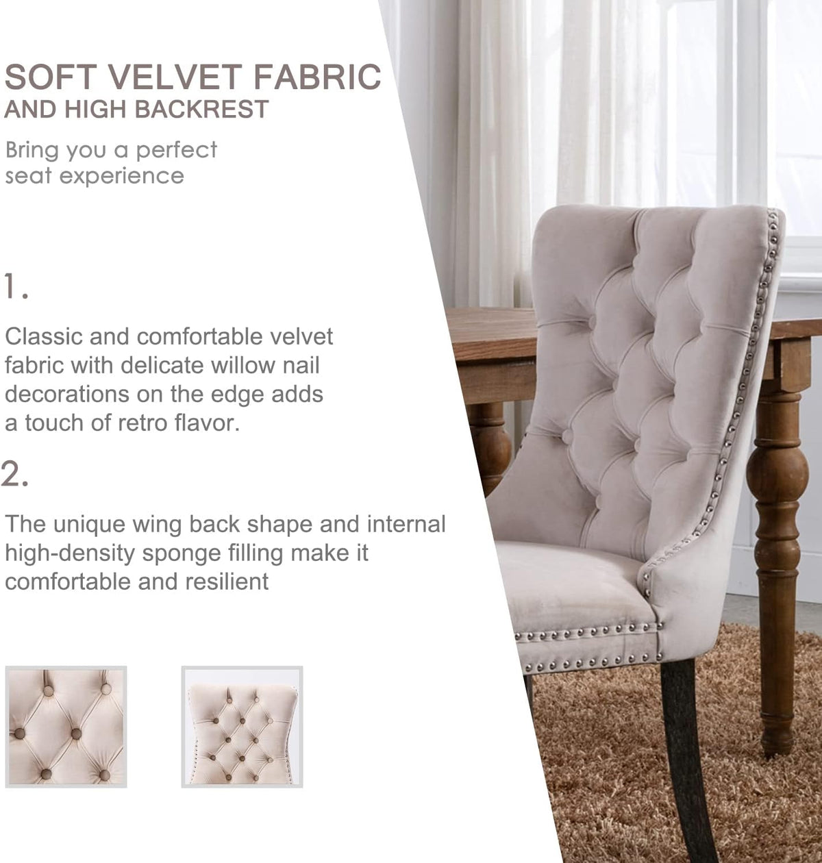 Velvet Dining Chairs Set of 6, Tufted Dining Room Chairs with Button Back, Nailhead Trim, Upholstered Dining Chairs for Kitchen, Bedroom, Restaurant (Beige)-1