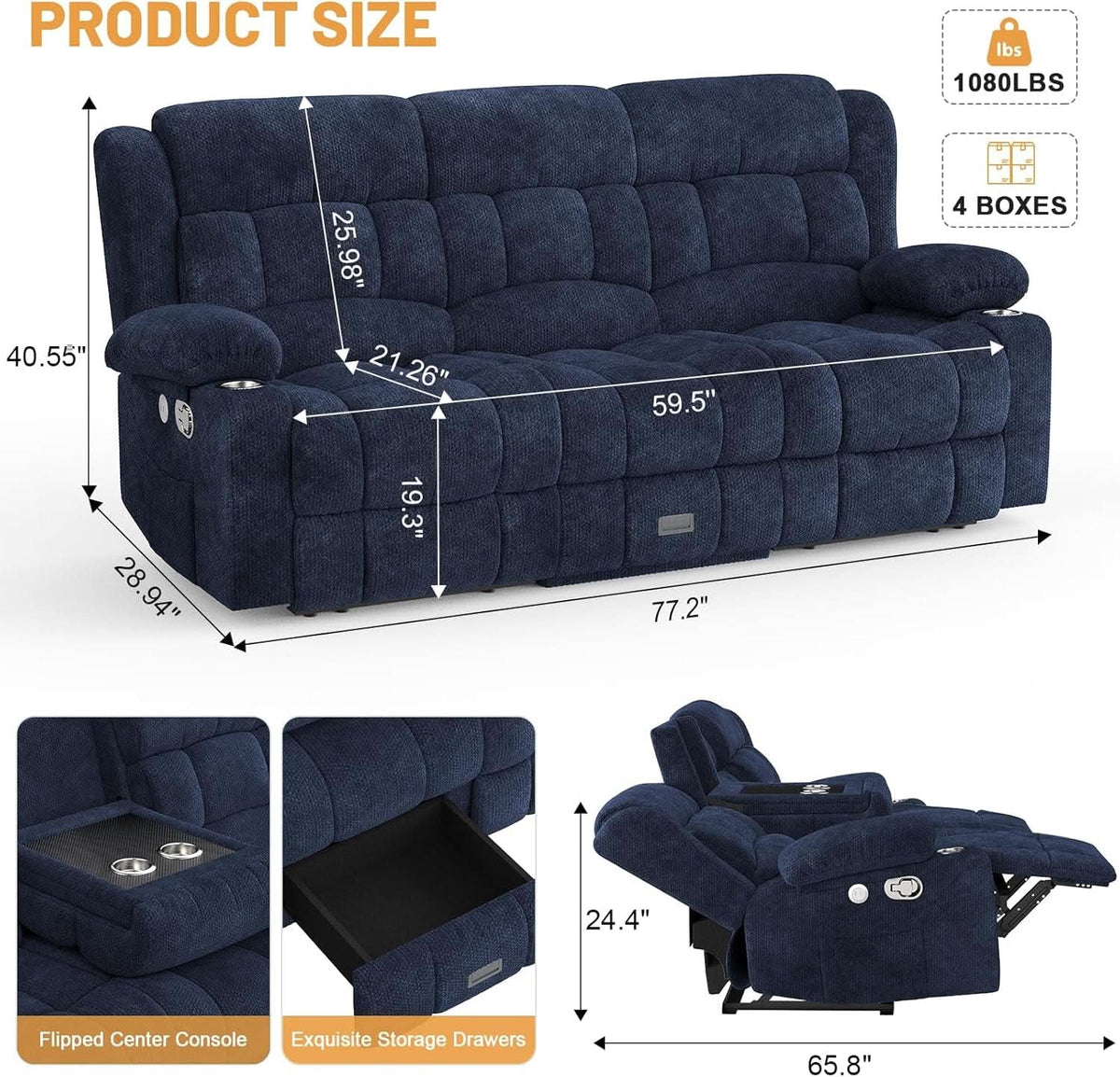 Blue 3-Seat Recliner Sofa with Flip Backrest, USB Ports & Storage