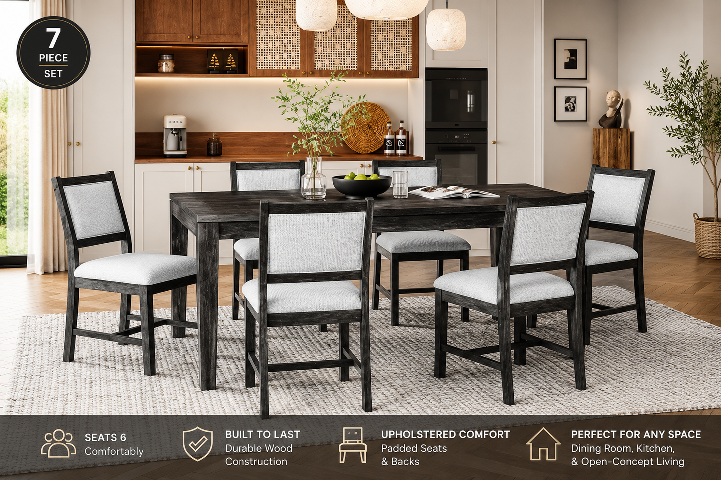 TREXM 7-Piece Dining Set for 6 – Espresso Table with Upholstered Chairs