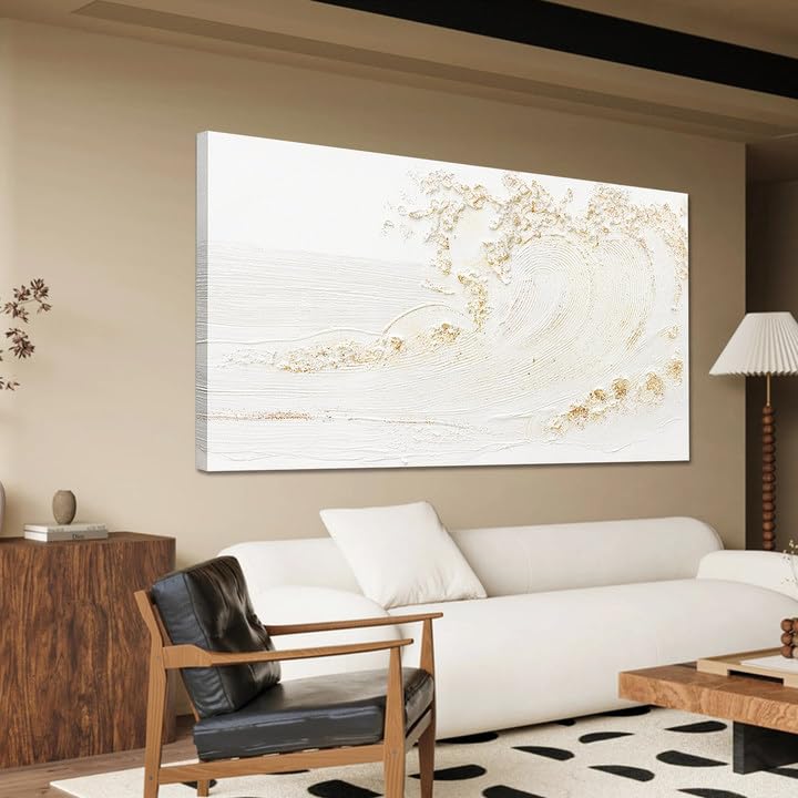 Silent Waves Canvas Wall Art – White & Gold Abstract Print, Framed & Ready to Hang (24"×48")