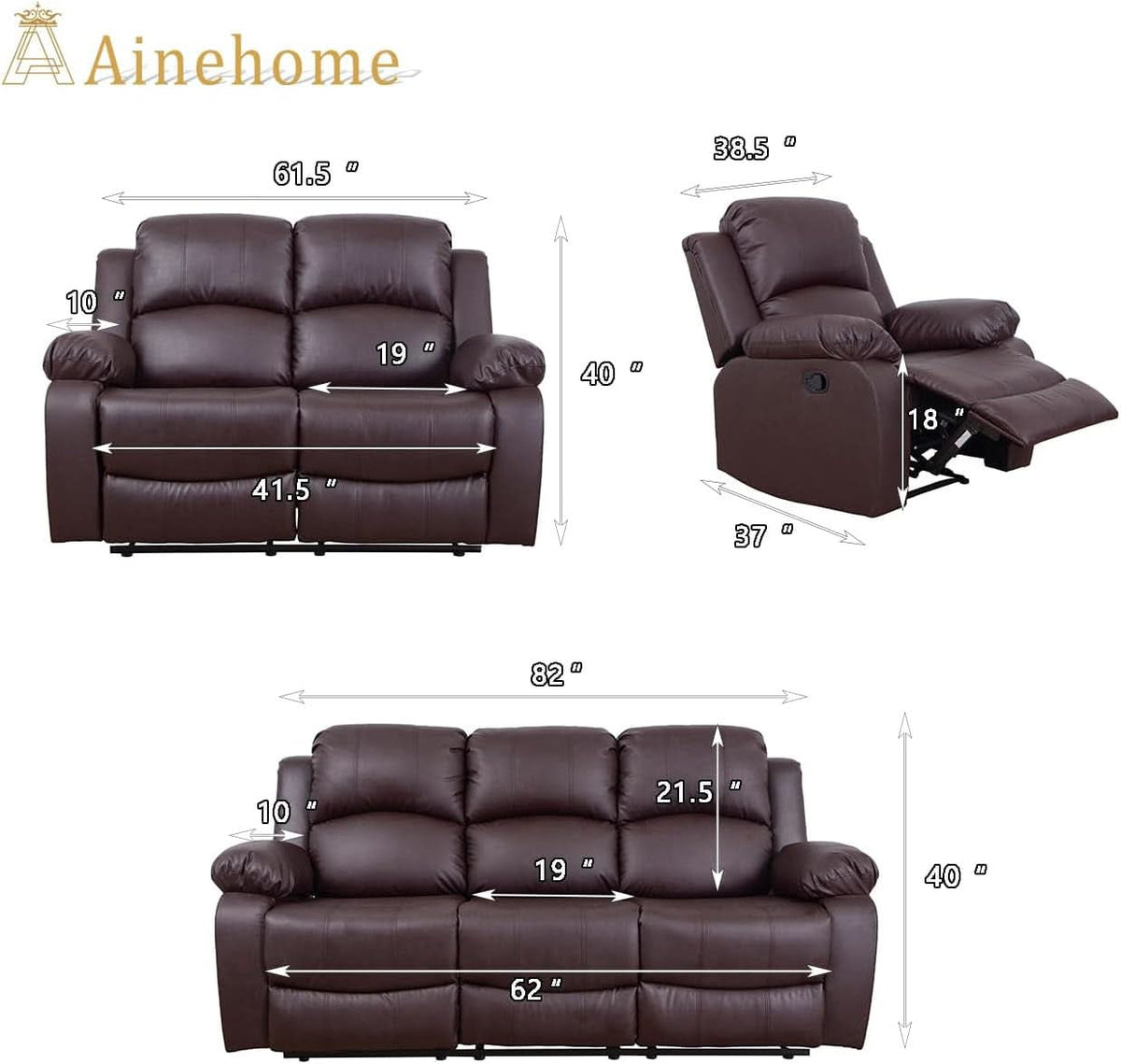 3-Piece Brown Bonded Leather Reclining Set