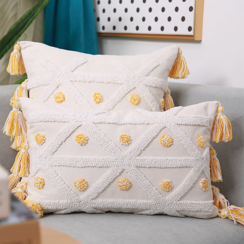 Hand-Embroidered Tufted Geometric Pillowcase