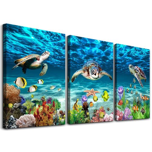 AHUASJART Canvas Wall Art for Living Room family Wall decor for Bedroom Bathroom Wall Decoration blue Ocean Sea Turtle Paintings Modern shark Pictures Artwork office Ready to Hang 12" x 16" 3 Piece