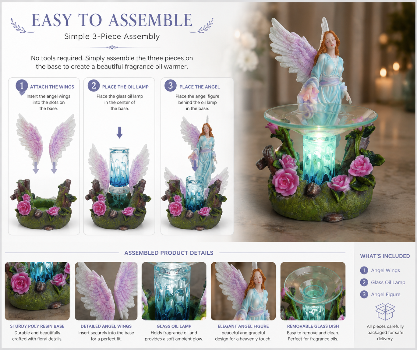 Blue Angel Poly Resin Electric Fragrance Oil Warmer with 3 Brightness Settings