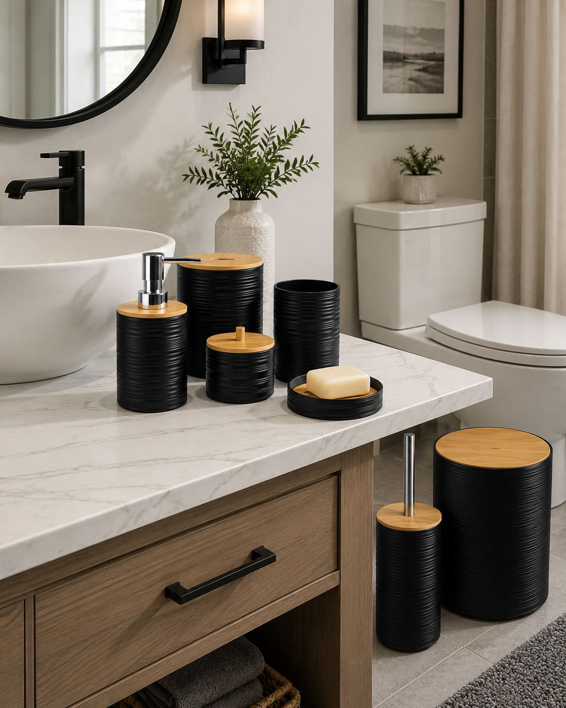 8-Piece Bamboo Bathroom Accessories Set – 5 Colors