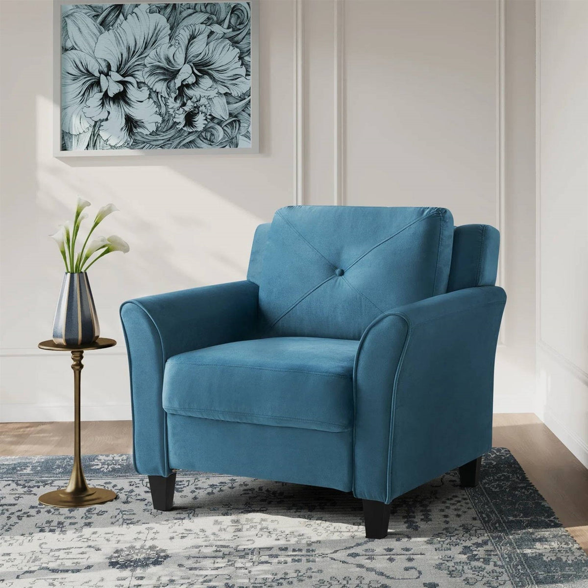 Blue Microfiber Flared Arm Armchair with Tufted Back Cushion