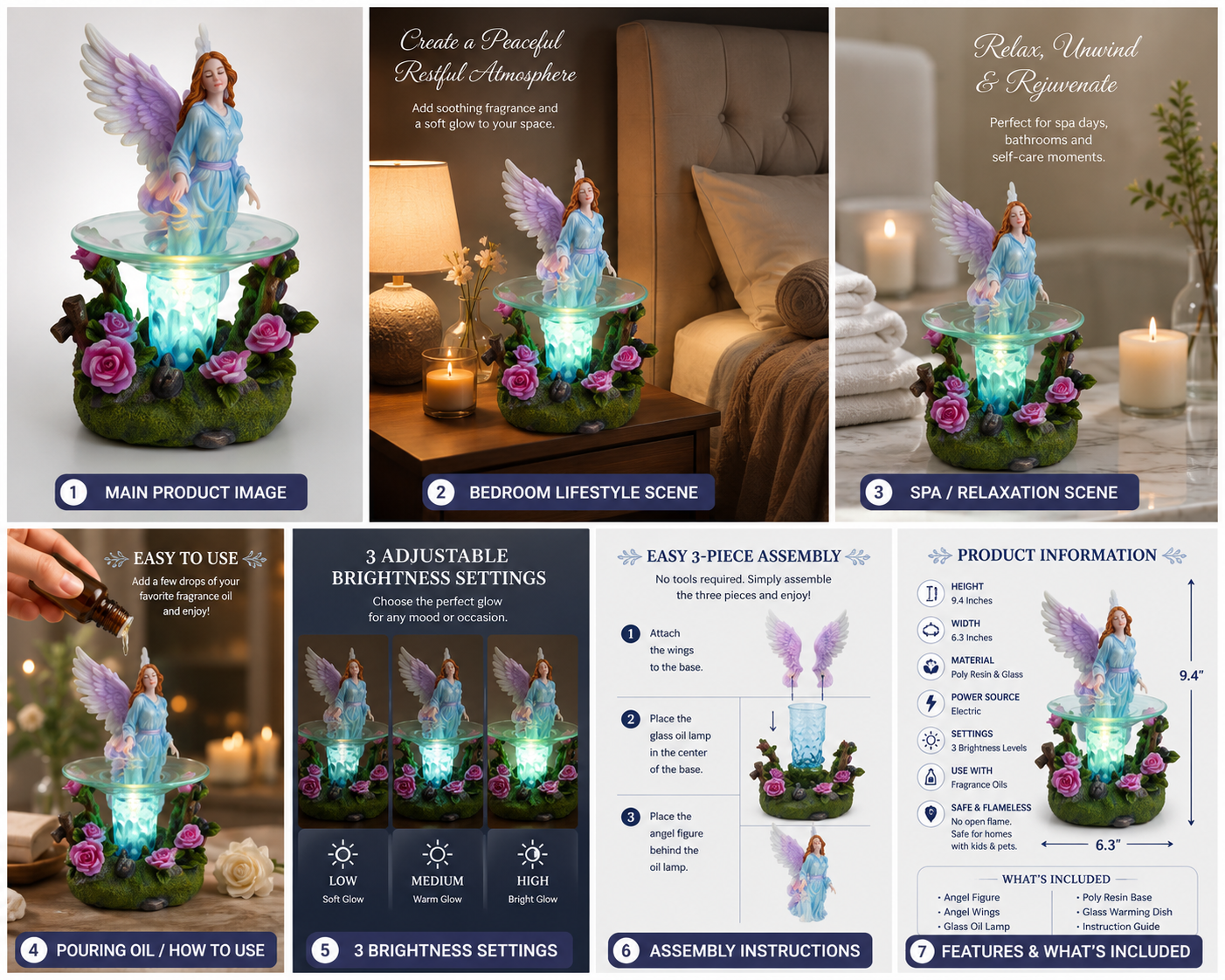 Blue Angel Poly Resin Electric Fragrance Oil Warmer with 3 Brightness Settings