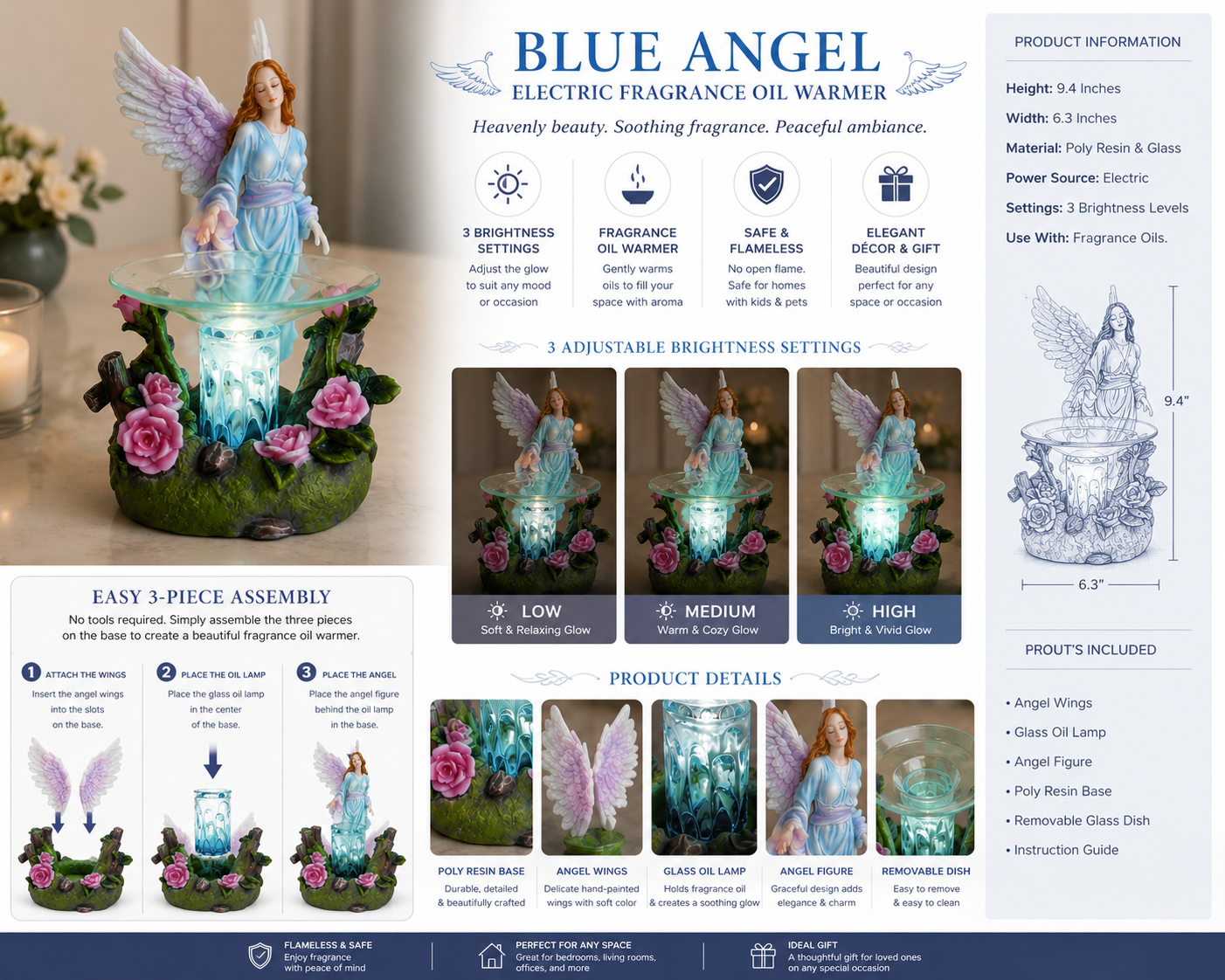 Blue Angel Poly Resin Electric Fragrance Oil Warmer with 3 Brightness Settings