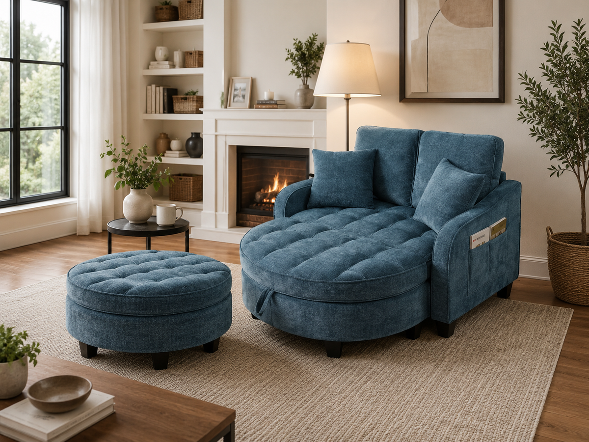 Blue Tufted 2-Seater Chaise Loveseat with Storage Ottoman