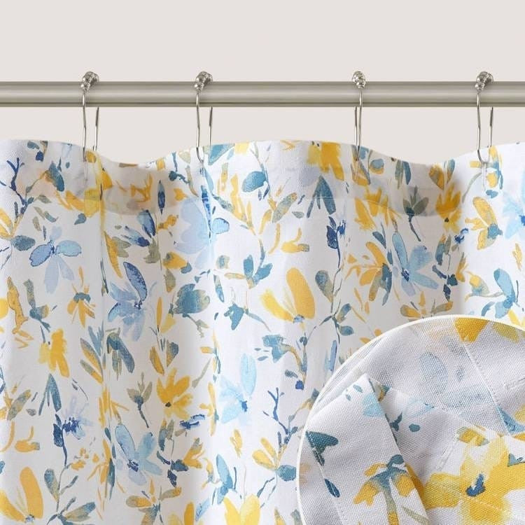 Yellow & Blue Floral Watercolor Shower Curtain – 100% Cotton, 72"W × 72"H