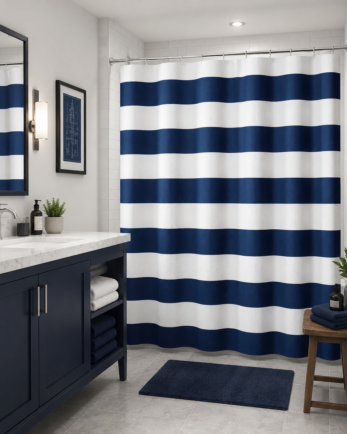 Navy Blue & White Nautical Stripe Shower Curtain – 70"W × 72"H