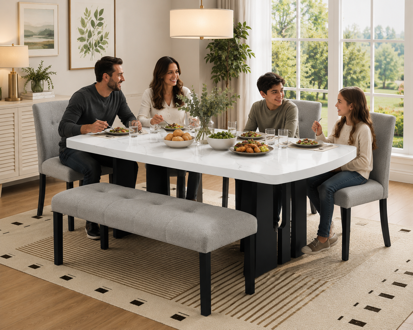 6-Piece Modern Faux Marble Dining Set with Bench – White & Gray