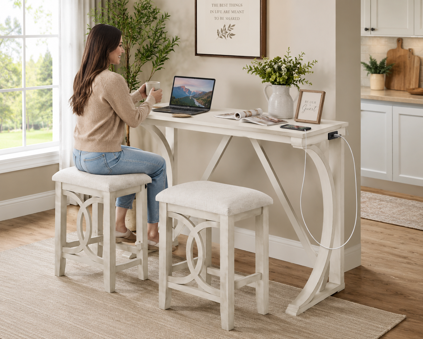 TOPMAx Farmhouse 3- Piece Counter Height Dining Table Set With USB Port And Upholstered Stools Milky White