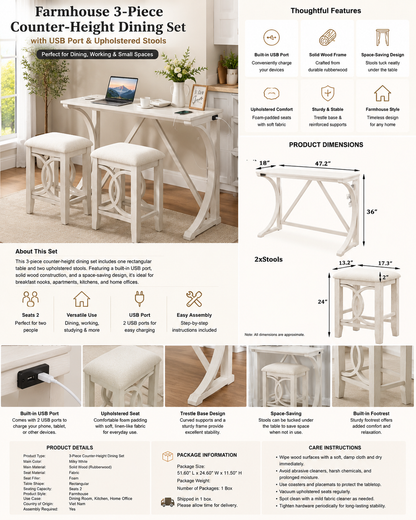TOPMAx Farmhouse 3- Piece Counter Height Dining Table Set With USB Port And Upholstered Stools Milky White