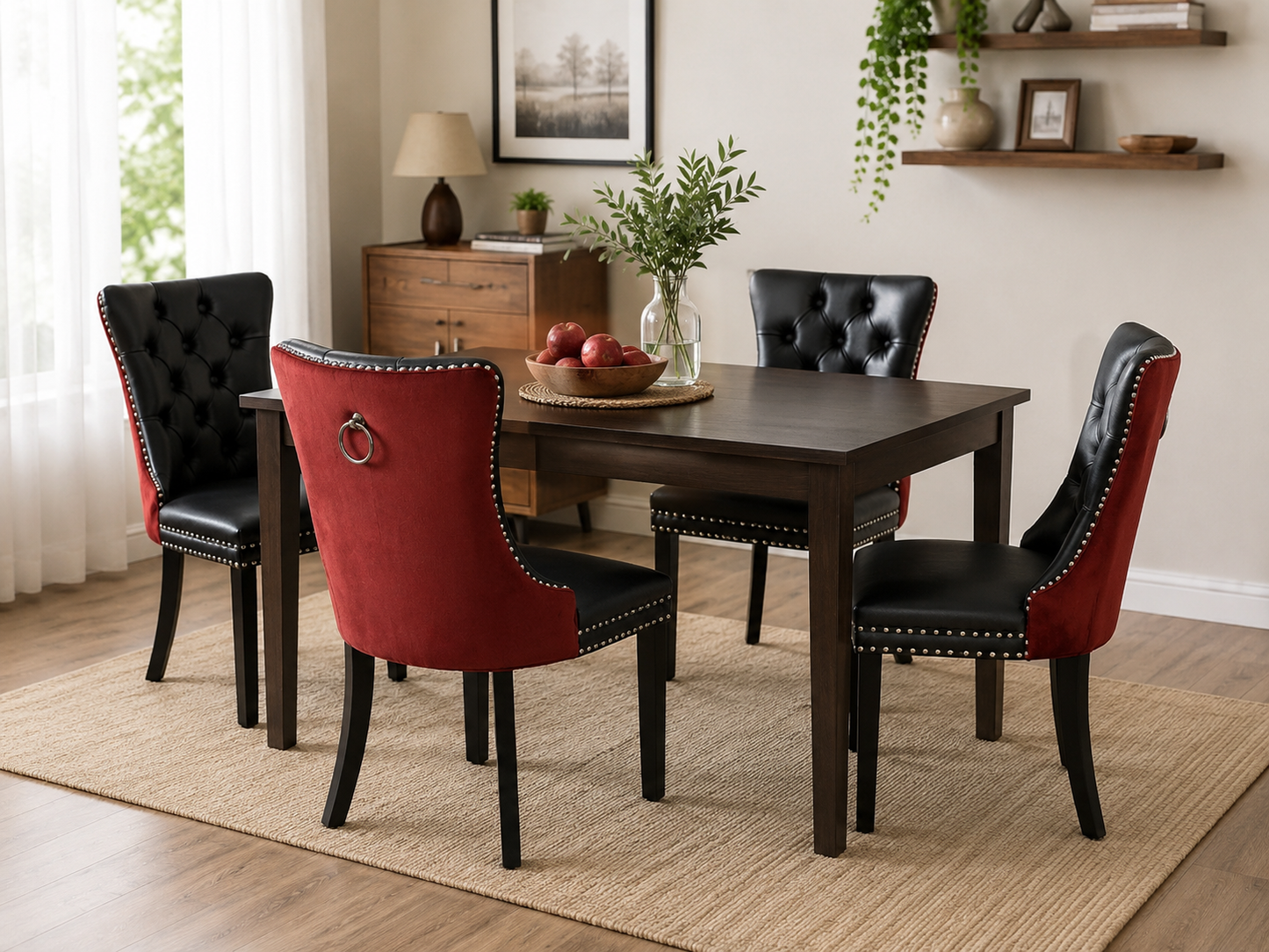 Set of 2 Modern Tufted PU & Velvet Dining Chairs with Solid Wood Legs