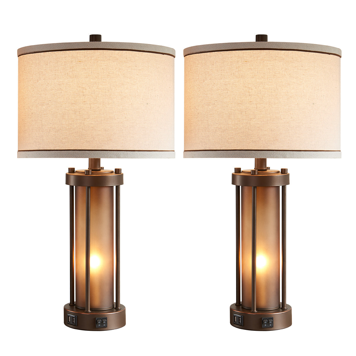 Set of two bronze table lamps with fabric shades, USB charging ports, and built-in night lights.