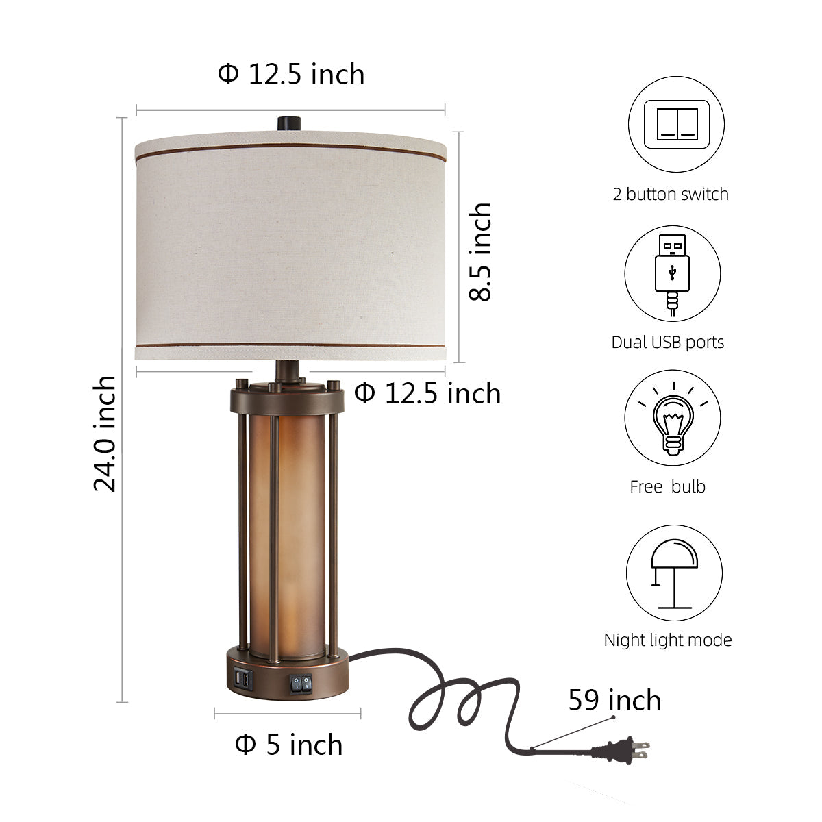 Dimensions of the 25-inch bronze table lamp set with USB charging ports and integrated night light.